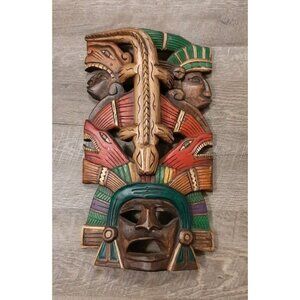 Large 15.5 in Intricate Hand Carved Wooden Aztec Mayan Wall Mask Iguana Animals